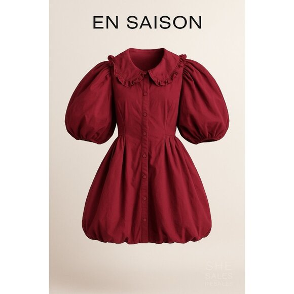 En Saison Cosima Cotton Poplin Mini Dress Burgundy Puff Sleeve Size M Bubble Hem - Picture 1 of 8
